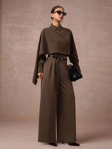 Lumalex 秋冬款女士高腰收腰中长款西装外套（披肩袖）2 件套 - 咖啡棕 - 查看 9