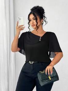 Elenzga Plus Size Asymmetrical Ruffle Collar Button Decor Short Sleeve Elegant Blouse - Black - View 3