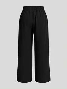 Elaquor Plus Size Women's Solid Color Pleated Wide Leg Casual Pants, Women's Trousers, Button, Zipper Trousers, Elastic Back Waist Trousers, Office Trousers For Women Spring To Summer - Apricot - View 4