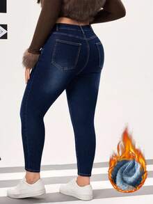 SHEIN Unity Plus Size Women's Casual Fashion Versatile Button Skinny Jeans - Blue - View 2