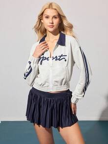 CourtClass 字母印花口袋拉链休闲长袖运动夹克 - 灰色 - 查看 6