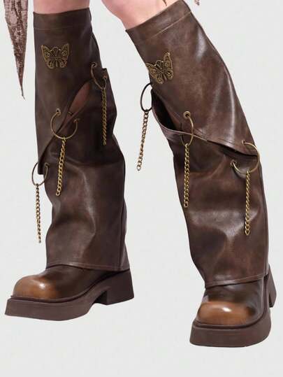 Hippie 1 Pair Vintage Punk Style Solid Brown Flared Leg Warmers, Post-Apocalyptic Metal Butterfly Chain Decor Legwarmers, Thin Casual Stylish Versatile Legwarmers