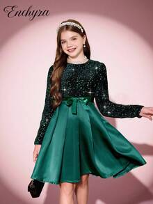 Tween Girl Shiny Contrast Sequin Satin Puff Dress, Green, For Christmas - Green - View 1