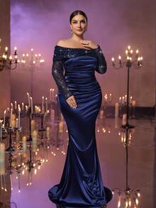 Glamrae Elegantes, luxuriöses Abendkleid in Marineblau mit Pailletten, Perlen und Stickerei, Off-Shoulder Design mit überlappender Büste, transparente Langarmdetails, geraffter Meerjungfrauensaum, geeignet für Abendveranstaltungen, Galas, Hochzeiten, Urlaub