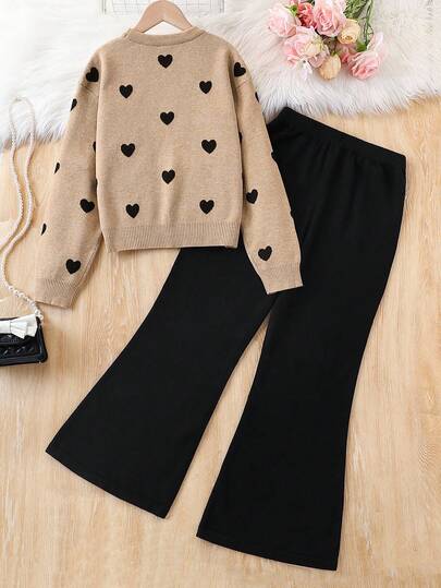Sparklyn Bộ 2 áo len dệt kim họa tiết trái tim và quần legging cho bé gái, Thu/Đông