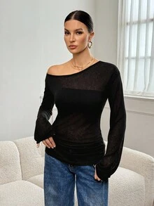 SHEIN Tall T-shirt noir d'automne basique sexy et chic pour femmes, couleur unie, col incliné, manches longues, top décontracté ample et transparent avec épaules dénudées, pour femmes grandes - Noir - Voir 8