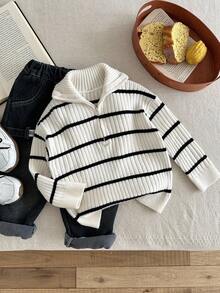 SHEIN LMoss Kids Young Boys' Autumn/Winter High Collar Striped Zip-Up Cardigan Sweater, Versatile For Home, School, Outings, Beige & Black Fall