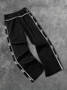 ROMWE MEN Prep Men's Sweatpants With Applique Embroidery, Drawstring, Street Style American English Print - Black - View 2