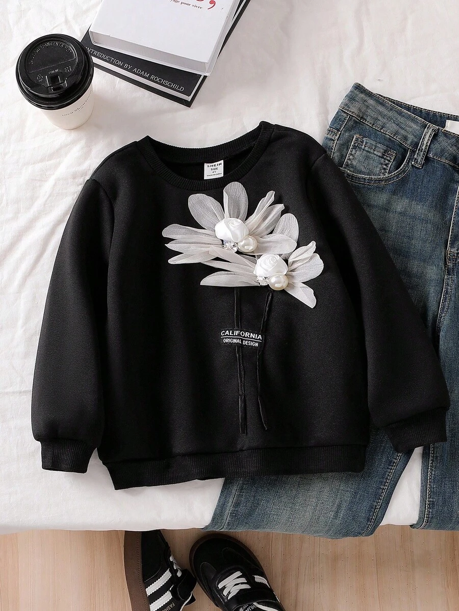 秋季少女休闲贴花圆领宽松运动衫 - 黑色 - 查看 1