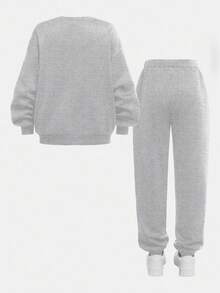 SHEIN 2pcs/Set Teen Girls Casual Minimalist Fashion Classic Bow Graphic & Logo Print Crew Neck Long Sleeve Thick Sweatshirt And Pants Set, Suitable For Autumn/Winter, Graphic Tees, X, Girls Clothes For Kids, Girls T-Shirt, Y2K, Back To School, Y2K Clothes, Vintage Clothes, Streetwear Fall - Grey - View 4
