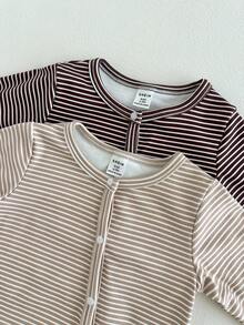 SHEIN 2pcs Baby Boys Striped Fleece Thickened Romper + Hat Set, Round Neck Warm Soft Fabric, Khaki & Coffee Color Korean Style Casual Versatile, Snap Button Design Easy To Wear, Long Sleeve & Pants Bodysuit Suitable For Outdoor In Winter, New Arrival Fall