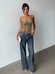 Aloruh Women's Fashionable Lace Sheer Sexy Bandeau Bodysuit - Army Green - View 6