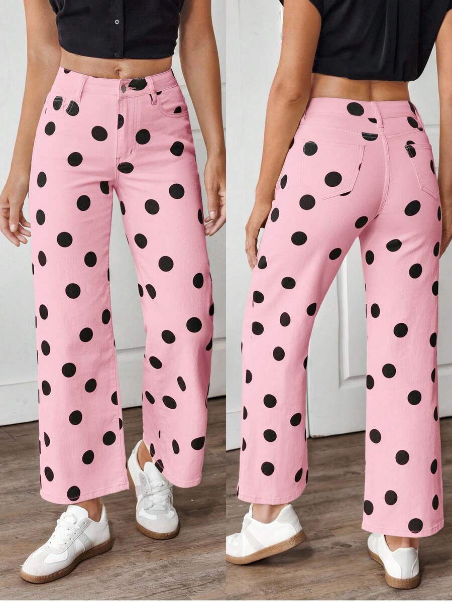 EMERY ROSE 女式波点图案直筒宽松休闲牛仔裤 - 粉色 - 查看 1