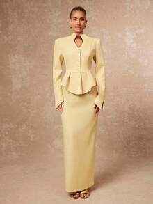 Lumalex Fall Winter Gathering Party Banquet Modest Old Money Coquette Glitter Holiday Party Rave Festival Outing Vacation Hot Outdoor Richly Layered Wedding Season Banquet Coming Of Age Ceremony Women's Solid Color Long Sleeve Single-Breasted Ruffle Hem Jacket And Straight Pencil Skirt Elegant Suit Set Blazer Dress For Women Butter Yellow Dress Skirt Suit Yellow Two Piece Set Luxury Prom Christmas New Year