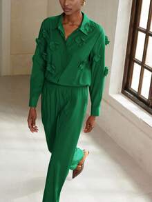 Aveloria Modichic 2 件女士优雅花卉装饰短款夹克和阔腿裤套装，高端外观优雅商务休闲女装 - 綠色 - 查看 3