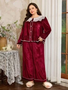 Côtesoire Conjunto de pijama de manga larga con parches de encaje de color contrastante, elegante y de talla grande, ropa de otoño - Burdeos - Ver 3