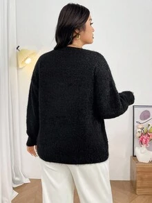 Firerie Plus Size Elegant Floral Decor Cardigan, Suitable For Commuting, Autumn/Winter - Black and White - View 2