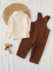 Loomiva 2件套男婴纯色针织柔软圆领长袖套头衫和吊带裤套装 - 杏色 - 查看 2