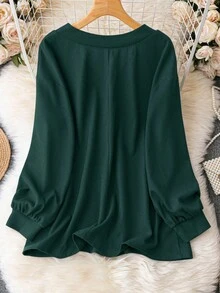 EMERY ROSE Plus Size Casual Solid Color Loose T-Shirt, Autumn - Dark Green - View 2