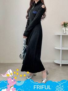 FRIFUL SHEIN X Care Bears Women's Half-Zip Front Letter Embroidery Cold Shoulder Sweater Dress Maxi Dress - Black - View 6