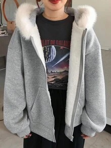 FRIFUL Women's Hooded Sweatshirt With Fur Collar, Loose Fit Casual Thickened Fleece Sweatshirt Jacket,Winter - Grey - View 5