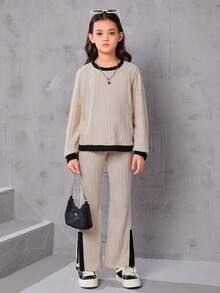 SHEIN Serisse Kids Tween Girl Contrast Ribbed Long Sleeve Loose T-Shirt And Flare Pants 2 Pieces Set