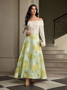 ZEYLAH Elegant Floral Jacquard A-Line Midi Skirt For Women - Green - View 6