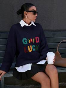 EURMUSE Women's Casual Embroidered Knit Crew Neck Long Sleeve Pullover - Navy Blue - View 4