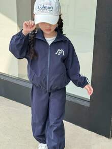 SHEIN Young Girls Casual Outfit - Stand Collar Front Button Raglan Sleeve Jacket And Elastic Cuff Pants Set Fall Winter - Blue - View 4