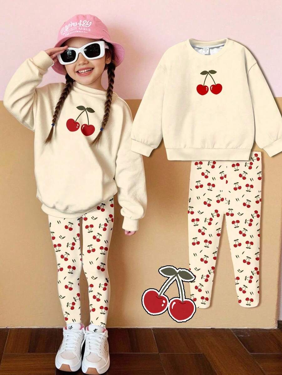 SHEIN 2 件套年轻女孩可爱樱桃印花运动衫和紧身裤套装，时尚休闲装，适合秋冬季秋季服装 - 彩色 - 查看 1