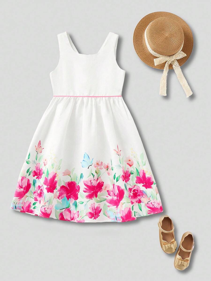 SHEIN 1pc Tween Girls Elegant Pink Rose And Butterfly Pattern Sleeveless Dress, Suitable For Wedding, Party, Outdoor, Picnic, Summer - Multicolor - View 1