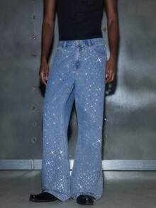 NEON BLANC Men's Pocketed Blue Fashion Rhinestone Embellished Flared Leg Jeans - Blue - View 1