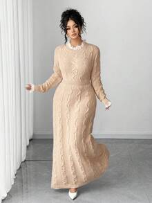 Elenzga Nuevo vestido de punto elegante con cuello redondo, puños con adorno floral y diseño de bajo texturizado para mujer de talla grande - Albaricoque - Ver 4