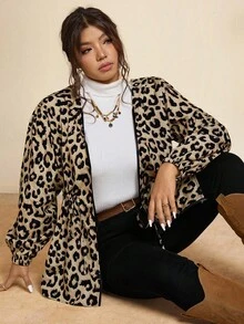 SHEIN LUNE 大码女式豹纹长袖拉链连帽外套 豹纹印花外套 女式豹纹连帽外套 女式轻薄豹纹外套 动物纹外套 女式动物纹外套 大码动物纹风衣 豹纹印花外套 大码豹纹风衣 大码雨衣 棕色连帽拉链外套 女式拉链连帽衫 女式冬季女装 感恩节女装 - 彩色 - 查看 8