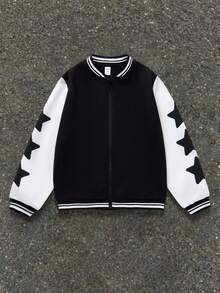 Tween Boys' Casual Everyday Letter & Star Print Baseball Collar Open Front Loose Knit Thick Jacket,In Fall/Winter,Winter Set,Winter Clothing,Fall Outfits,Fall Clothing,All Clothes For Kids,Black Tops ,Fall Tops ,Winter Outwear - Black - View 2