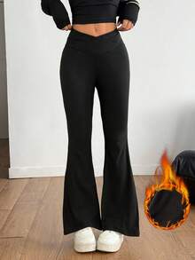 SHEIN PETITE 女士基本款天鹅绒秋冬保暖V型腰喇叭紧身裤，黑色裤子 - 黑色 - 查看 3