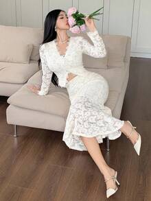 DAZY 2pcs V-Neck Long Sleeve Lace Mermaid Hem Bodycon Dress, Elegant Mini Cocktail Dress