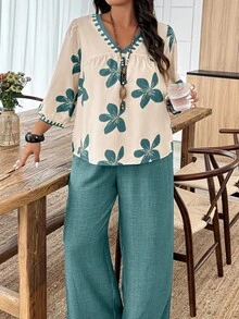 Weeklong Plus Size Women Casual Loose Fitting Top And Wide Leg Pants 2 Pieces Set - Multicolor - View 3