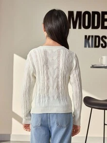 SHEIN 青少年女孩休闲日常通勤纯色刺绣 V 领粗针织套头衫，秋冬 - 白色 - 查看 2