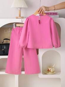 SHEIN Playful Pals 2件套少女时尚甜美蝴蝶结装饰上衣+阔腿裤套装，春秋 - 玫紅色 - 查看 2