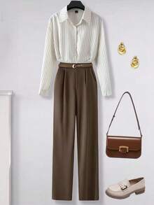 GlowEve Women's Woven Striped Casual Commuting Autumn Two Pieces Set - Coffee Brown - View 1