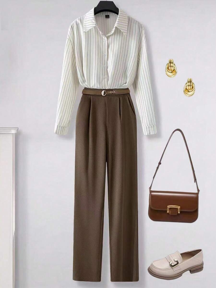 GlowEve Women's Woven Striped Casual Commuting Autumn Two Pieces Set - Coffee Brown - View 1