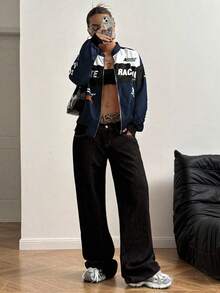 SHEIN PETITE Letter Print Contrast Color Drop Shoulder Bomber Jacket For New Year Clothes