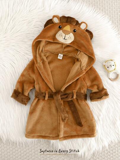 Cozy Pixies Bata con capucha de manga larga con patrón de león de dibujos animados y color contrastante con corbata para bebé niño