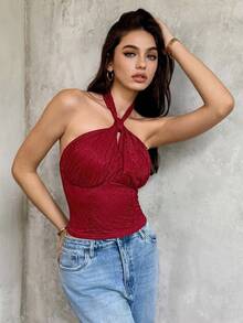 SHEIN Unity 女士蕾丝性感露背交叉绑带上衣，秋季款 - 酒紅色 - 查看 3