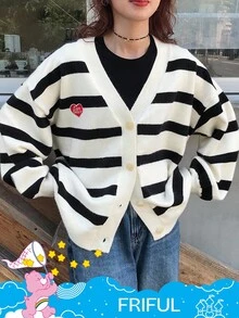 SHEIN X Care Bears FRIFUL 女式 V 领宽松条纹落肩宽松刺绣纽扣前开衫 - 黑與白 - 查看 5