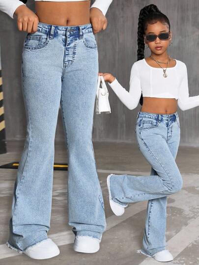 SHEIN Streecool Kids Retro högmidjade, tvättade blå utsvängda jeans för flickor, barnbyxor med elastisk slim fit och fransad fåll, lämpliga för vardagliga utflykter och utomhusbruk