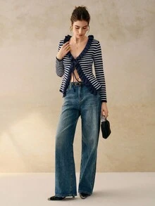 Cévolie 女士秋季系带条纹荷叶边开衫 - 彩色 - 查看 7