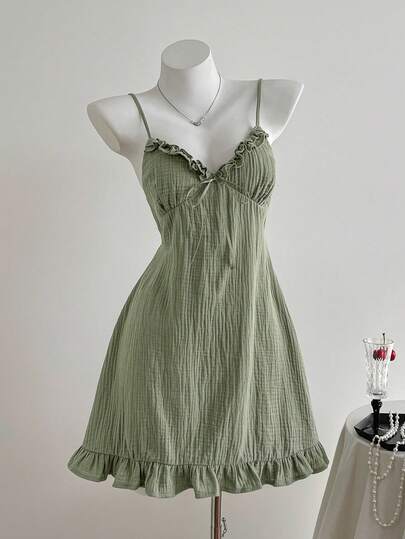 Comfortcana Women's Summer Casual Cute Sage Green Spaghetti Strap Mini Dress Vacation