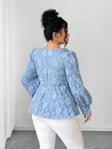 SHEIN Elenzya 大码女式泡泡袖优雅衬衫，适合外出和聚会 - 藍色 - 查看 2